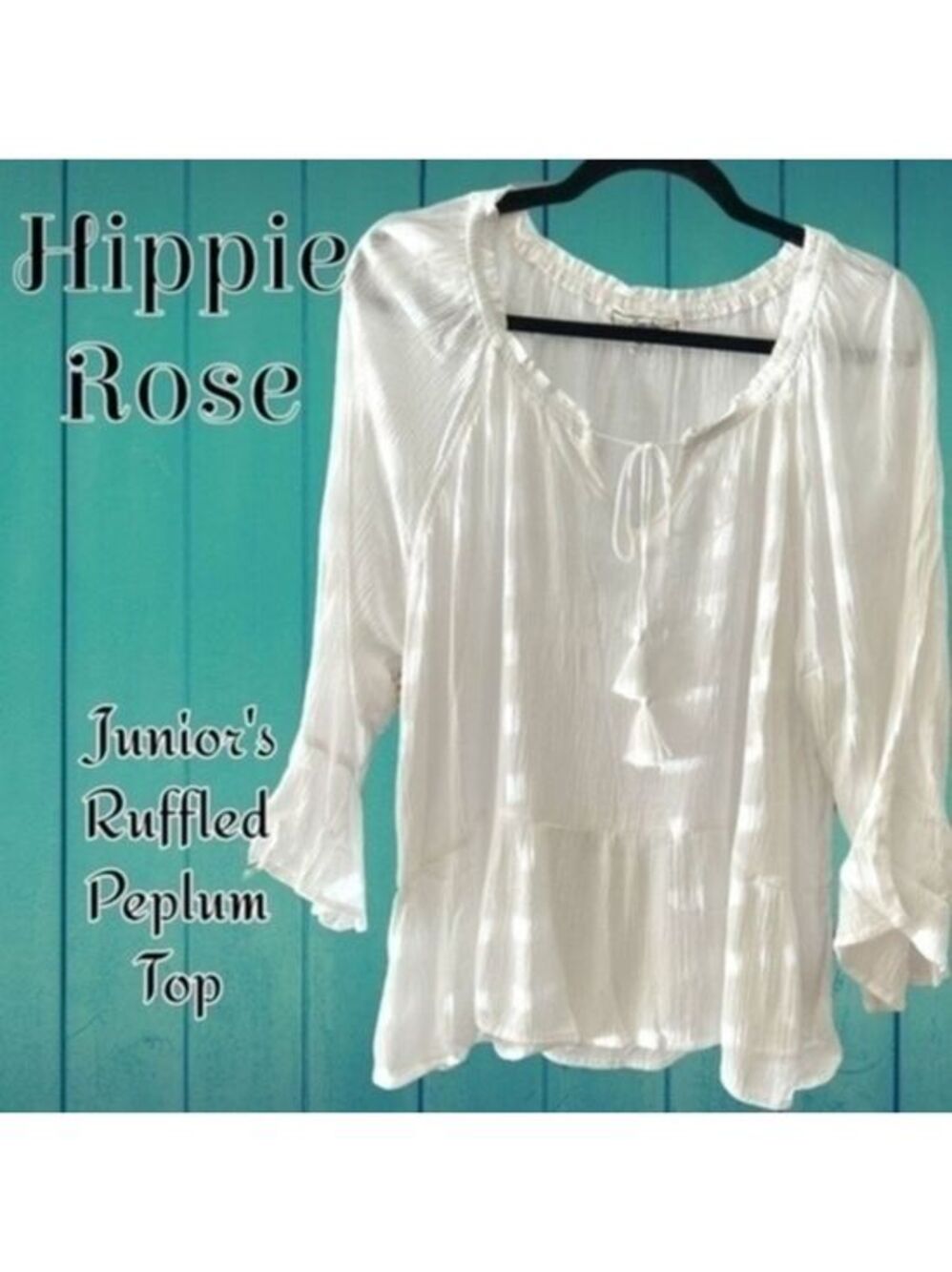 HIPPIE ROSE Ruffled Sleeve Split Neckline w/Tie Long Peplum Top-Ivory/XL/NWT